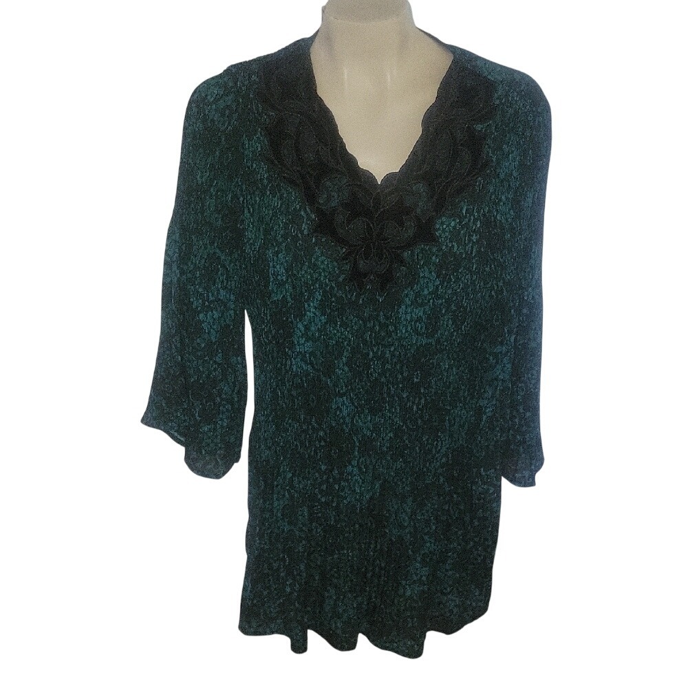 Catherines Tunic Dress Black Lace Trim Green Print Plus Size 2X retro boho comfy